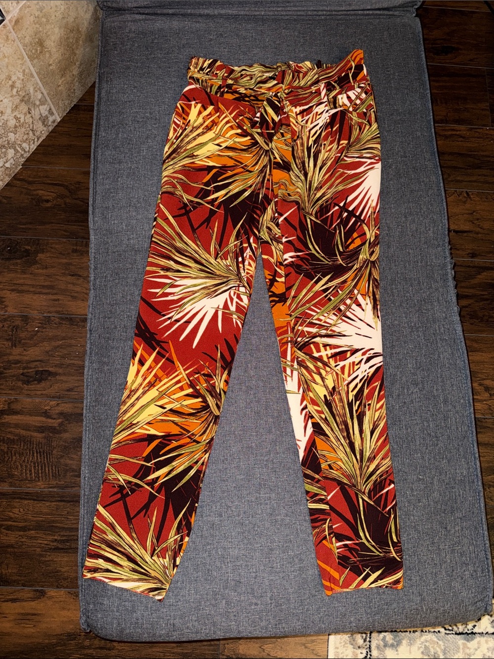 Soho Apparel Vintage Tropical Print Paper Bag Pants in Red, Orange & Yellow